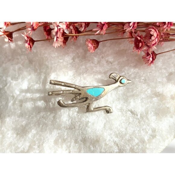 Navajo Road Runner Sterling Silver Turquoise Southwest Vintage Brooch - Picture 6 of 10